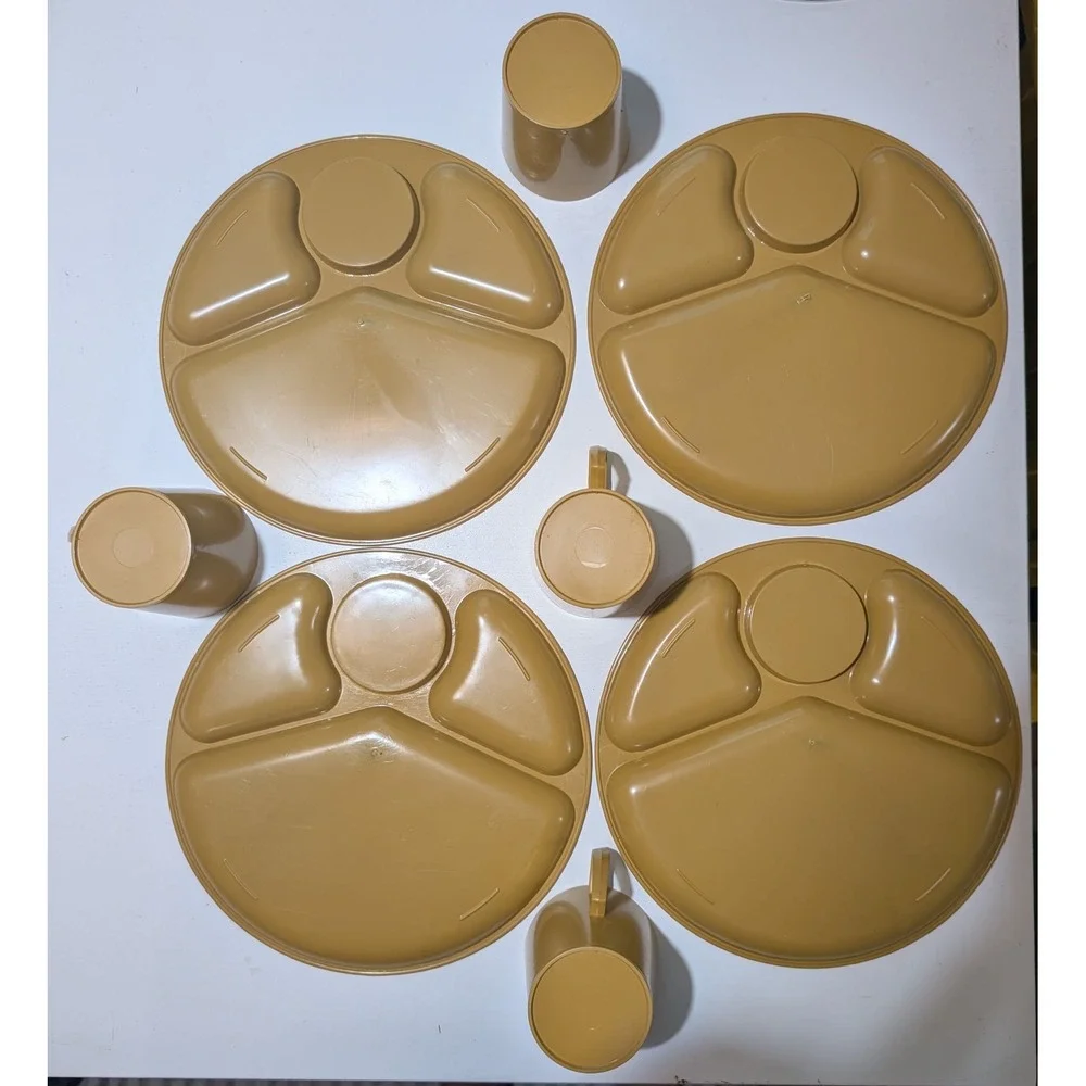Vintage Harvest Gold Plastic Divided Picnic Plates and Mugs Set of 8 1970s Retro